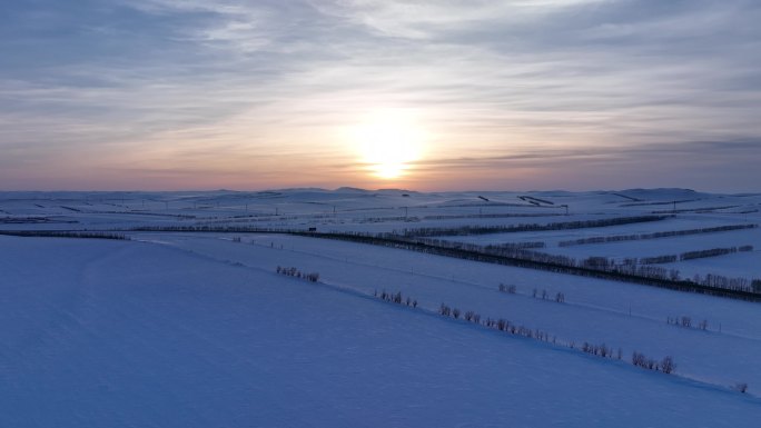 航拍4K内蒙古苍茫雪原夕照