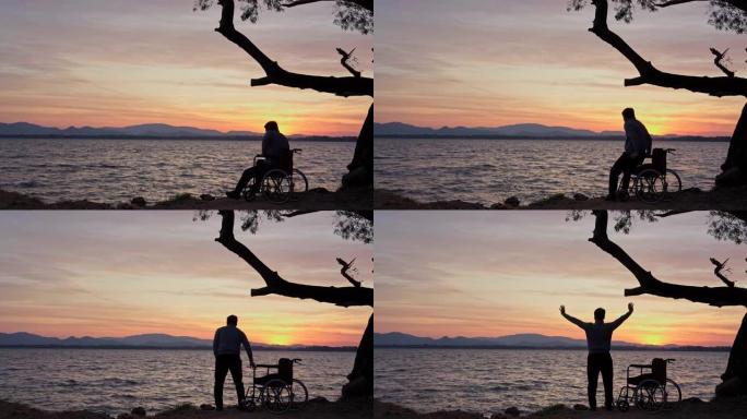 第一个金色日出背景下轮椅的快乐男人。有希望和自由的事故人。