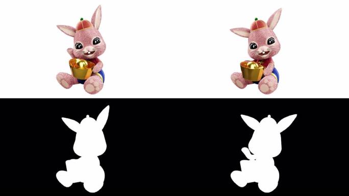 这里以耀眼的3D渲染显示了一只蓬松的粉红色兔子的农历新年标志，该兔子携带着一大锭金子。