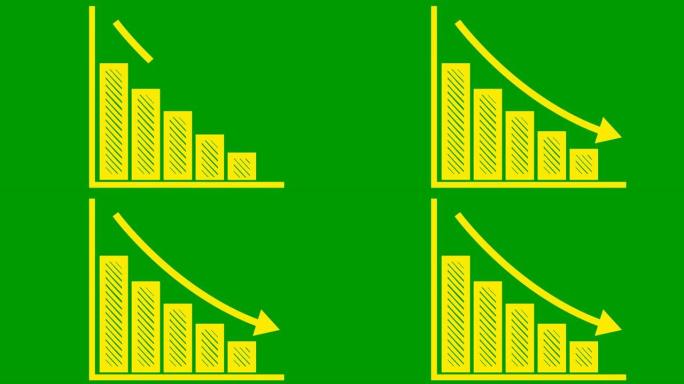 动画黄色经济衰退图与趋势线图。经济危机、衰退、通货膨胀的概念。条形图。利润下降。矢量插图孤立在绿色背