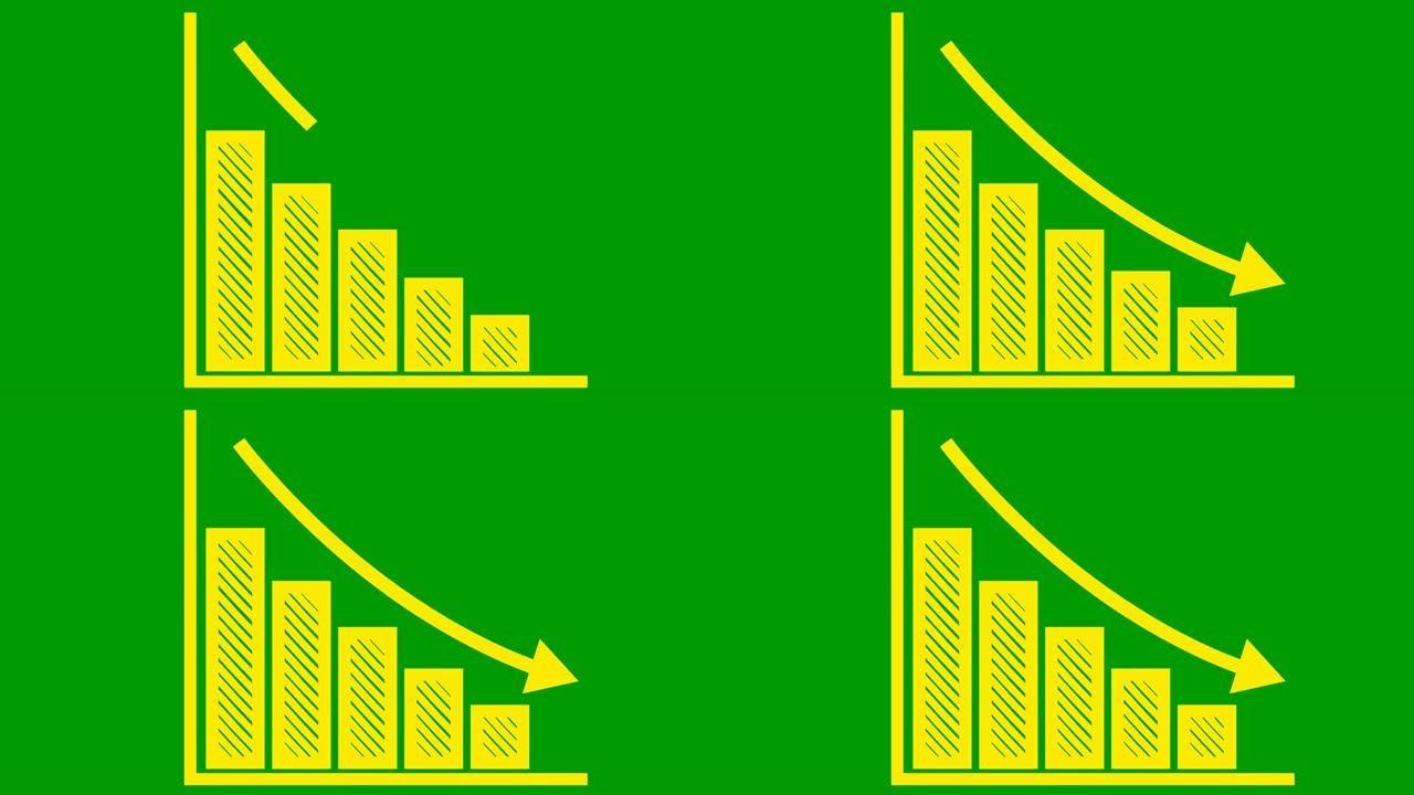 动画黄色经济衰退图与趋势线图。经济危机、衰退、通货膨胀的概念。条形图。利润下降。矢量插图孤立在绿色背