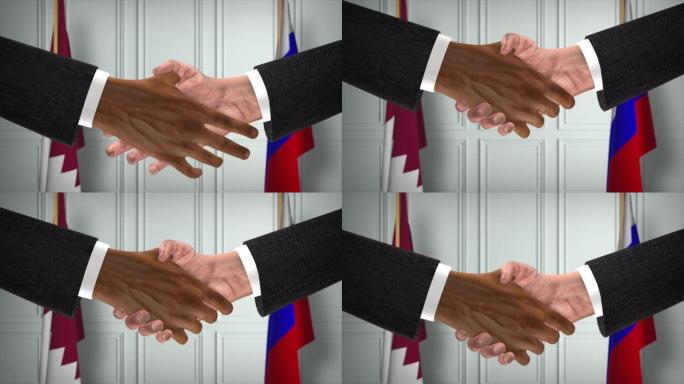 卡塔尔和俄罗斯的协议握手，政治例证。正式会议或合作，商务见面。商人和政客握手