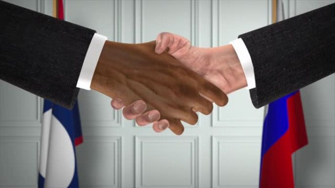 老挝与俄罗斯交易握手，政治说明。正式会议或合作，商务见面。商人和政客握手