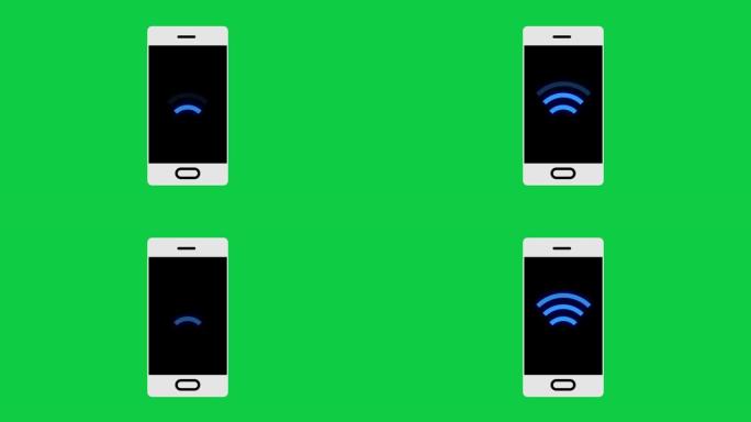 绿色背景上显示wifi信号的智能手机插图的4k镜头