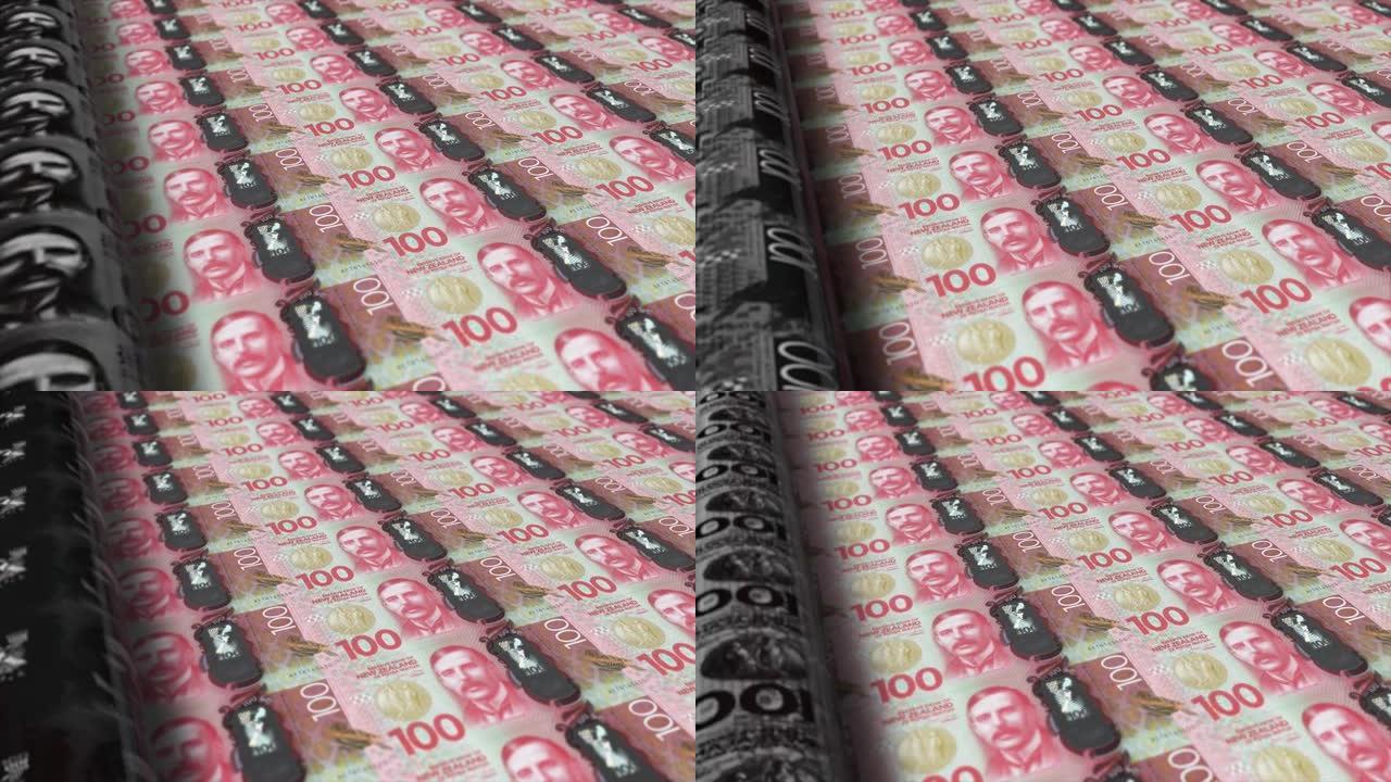 新西兰，新西兰元印刷机打印出当前100美元纸币，无缝循环，新西兰货币背景，4K，聚焦深度Smoot和