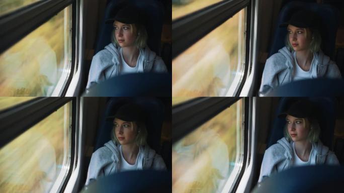 十几岁的女孩在火车里旅行。
