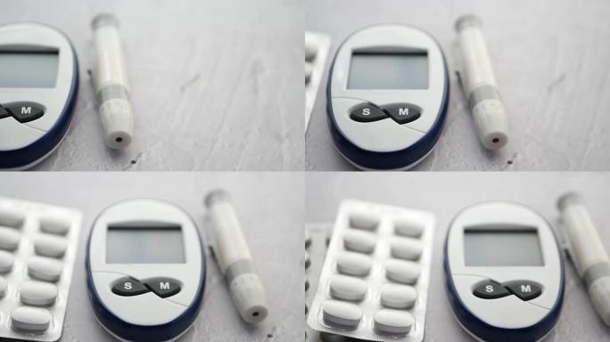 彩色背景上的糖尿病测量工具和药丸的特写