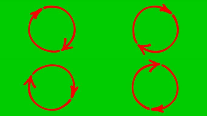 圆形箭头的动画图标。重装旋转的红色符号。循环视频。手绘矢量插图孤立在绿色背景上。