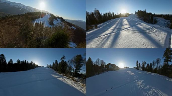 森林冬季山谷树木度假村滑雪场被雪山风景如画环绕