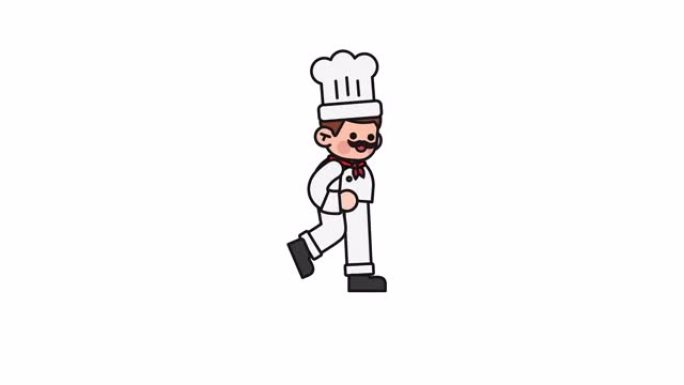 穿着白色制服和面包帽行走的卡通人物厨师