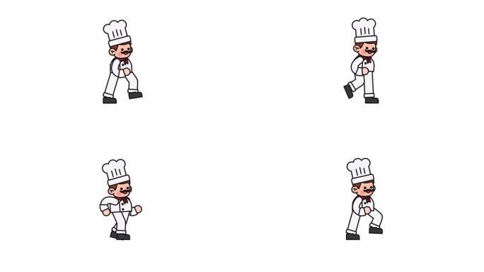 穿着白色制服和面包帽行走的卡通人物厨师