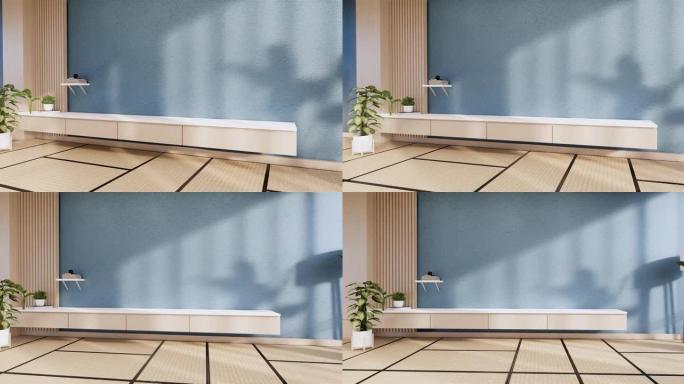 蓝色房间设计室内，门纸和橱柜搁板墙在榻榻米地板房间日式风格。3D渲染
