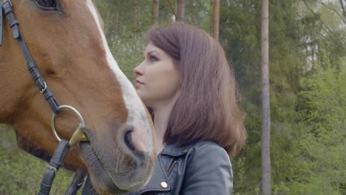 一个年轻的女人牵着马，一个孩子抚摸着动物的手。