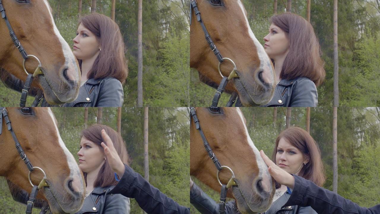 一个年轻的女人牵着马，一个孩子抚摸着动物的手。