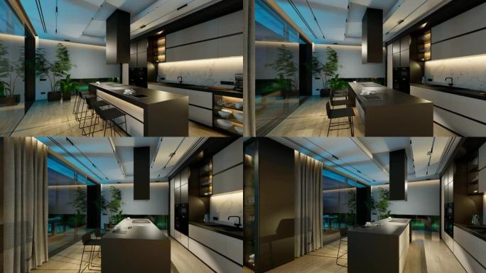 4k现代舒适室内视频，夜间配有生活、用餐区、楼梯和厨房