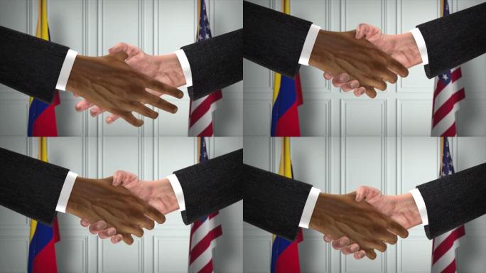委内瑞拉和美国合作商业协议。国家政府旗帜。官方外交握手说明动画。协议商人握手