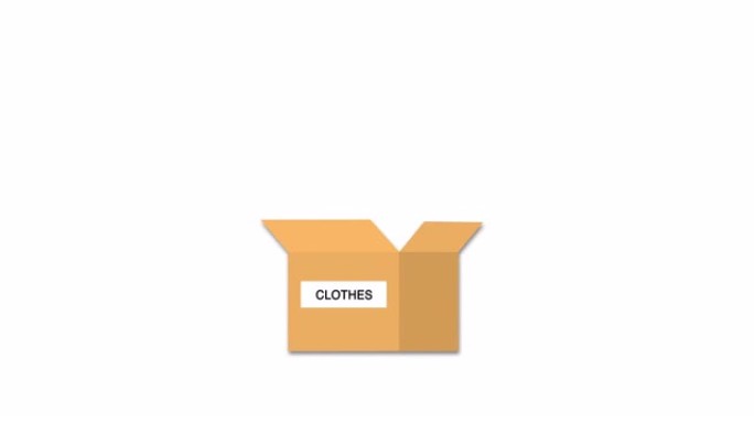 将裤子，毛衣和t恤放在标有 “捐赠” 的打开纸板箱中。为纺织产品购买的二手衣服重新使用小人物概念。衣