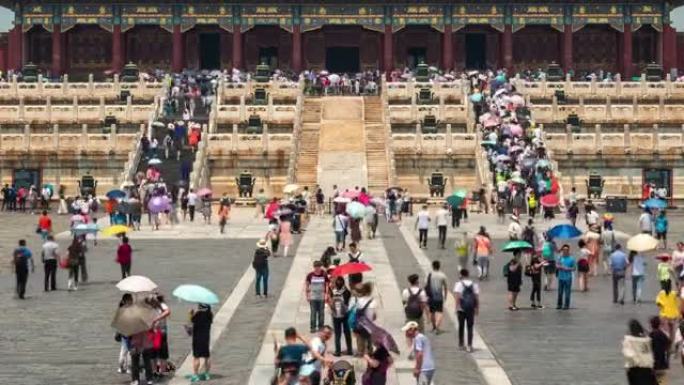 中国北京市中心，游客参观紫禁城建筑群的时间推移图