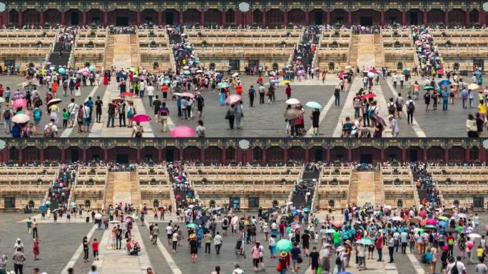 中国北京市中心，游客参观紫禁城建筑群的时间推移图