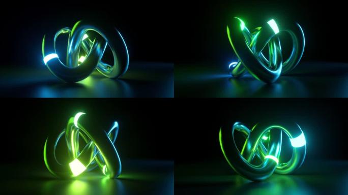 无尽的3d动画，抽象的霓虹灯背景与纠结的循环形状旋转和旋转。极简动画壁纸