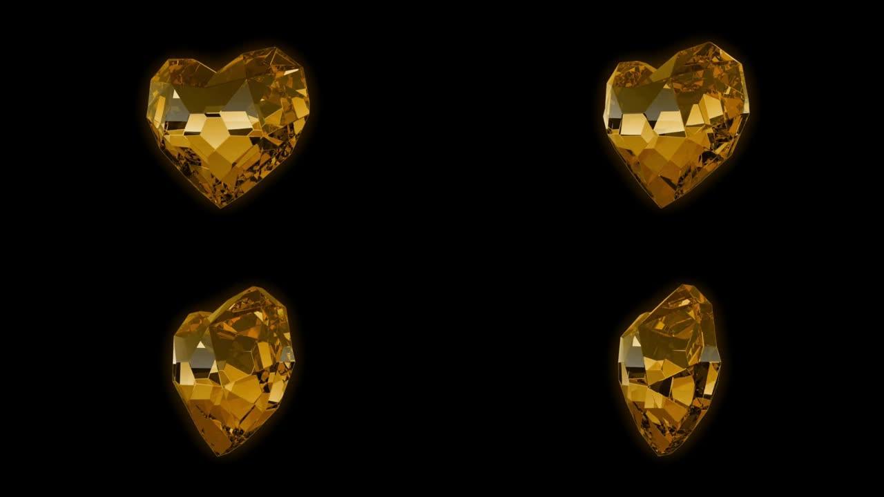 黑色背景上的动画黄色宝石心形浮动隔离。