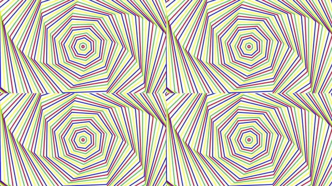 白色背景循环上的彩色自旋七边形简单平面几何。彩色七边形旋转无线电波无尽的创意动画。旋转多色无缝运动图