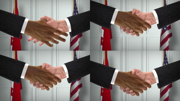 汤加和美国商业伙伴关系协议。国家政府旗帜。官方外交握手说明动画。协议商人握手