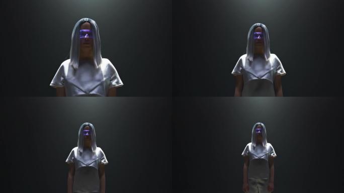 数字虚拟现实眼镜女孩在灯光特写中摆姿势。美丽的未来玩家