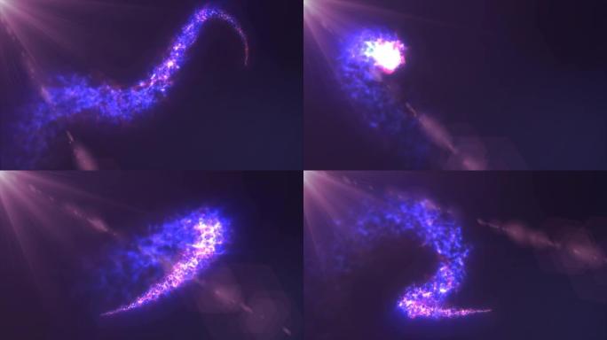 抽象飞行神奇的能量发光线紫色粒子在明亮的太阳光线在黑暗的背景上。摘要背景。高质量4k视频，运动设计