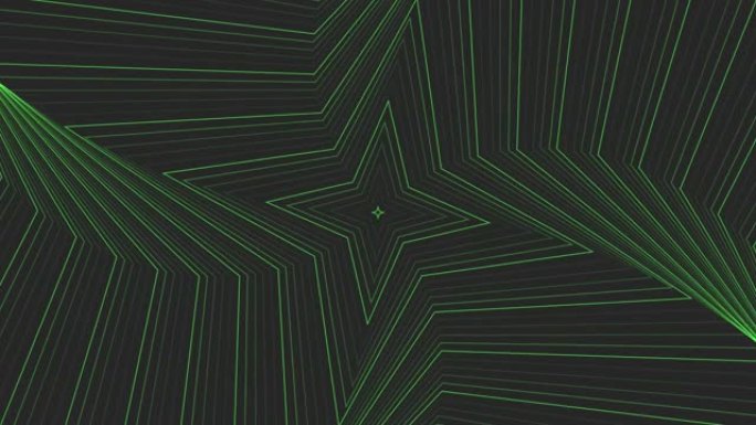 深灰色黑色背景循环上的绿色纤细自旋四角星简单平坦几何。星光灿烂的旋转电波无尽的创意动画。旋转星星无缝