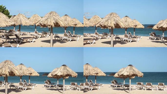 一览无余的沙滩上的稻草伞和空荡荡的日光浴躺椅。