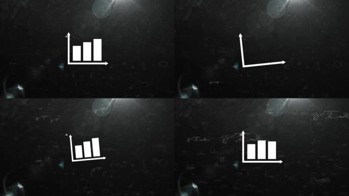 黑色背景上的数学方程和图表图标动画