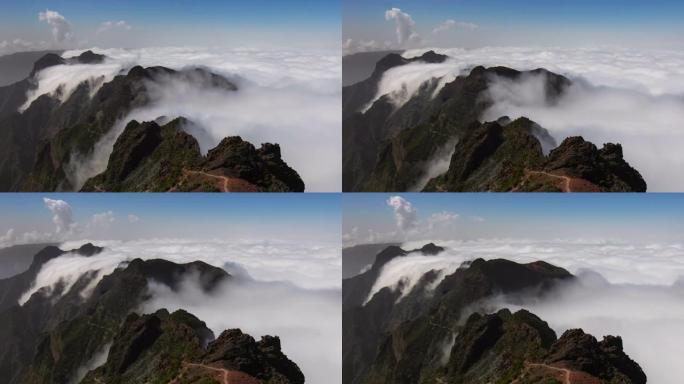 在葡萄牙马德拉的Pico Ruivo山路徒步旅行时俯瞰云反转事件的时间流逝