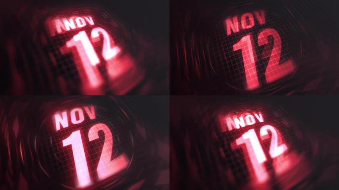 3d运动图形中的11月12日。未来的红外日历和科技发光霓虹灯拍摄，发光二极管纪念等。4k in循环