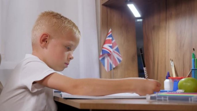 一个小学生在笔记本上写字的特写镜头坐在家里的桌子上