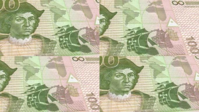 萨尔瓦多萨尔瓦多科隆100钞票，一百萨尔瓦多科隆，萨尔瓦多科隆的特写和宏观视图，跟踪和多莉拍摄100