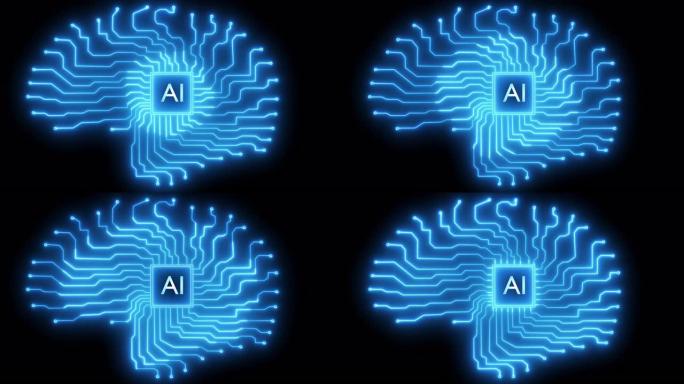 人工智能AI概念，处理器驱动的电子大脑。脉冲电光束穿过集成电路后，集成电路就会栩栩如生