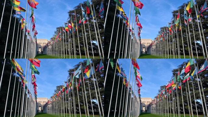 2023年1月，瑞士日内瓦。用广角镜头和低角度拍摄的镜头:联合国总部的标志性形象。院子里悬挂着各成员