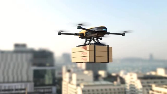 一架无人驾驶飞机正在城市运送披萨，食品运送概念
