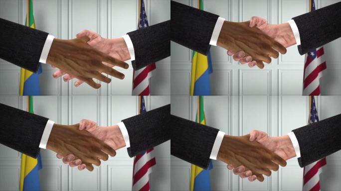 加蓬与美国合作商业协议。国家政府旗帜。官方外交握手说明动画。协议商人握手
