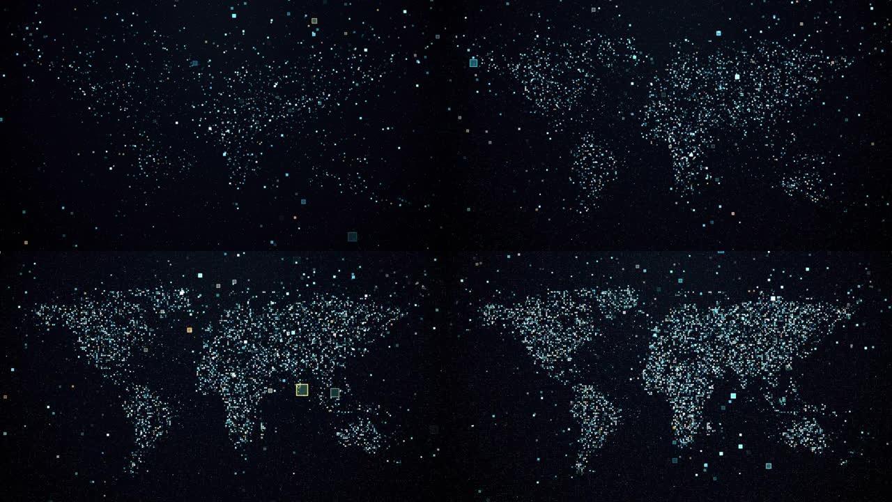 许多方块的全球数字动画在黑暗背景上创建地球地图