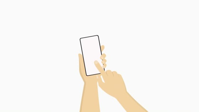 动画镜头，人手拿着带有白色屏幕的智能手机，秒手的手指触摸手机屏幕。用食指触摸触摸板的动画