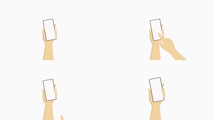 动画镜头，人手拿着带有白色屏幕的智能手机，秒手的手指触摸手机屏幕。用食指触摸触摸板的动画