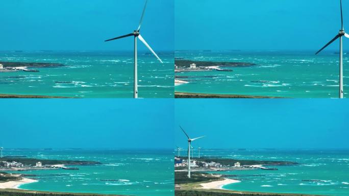 台湾澎湖巨型风力发电机鸟瞰图。