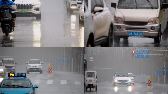 4K暴雨恶劣天气道路上行驶的汽车升格空镜