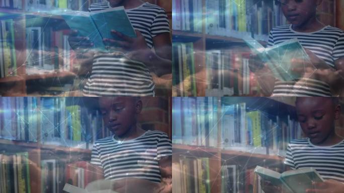 非裔美国女学生阅读书籍上的联系网络动画