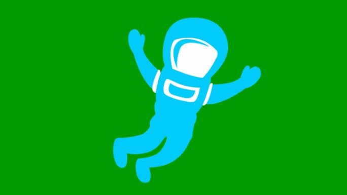 动画可爱的蓝色宇航员在零重力。太空人在失重状态下飞行。矢量平面插图孤立在绿色背景上。