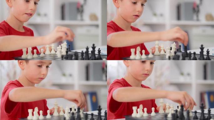 小男孩在家里下棋时提高批判性思维的特写