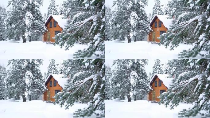 质朴的木屋，白雪皑皑的松树，大雪堆，缓缓下雪。