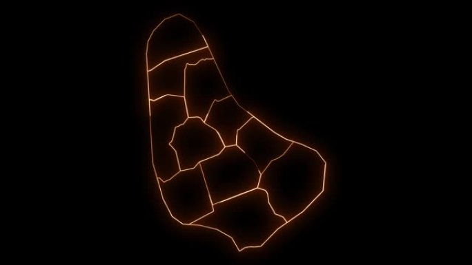 巴巴多斯地图，所有州或省份都发光霓虹灯轮廓。